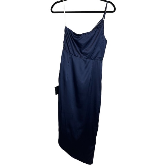 Lulus Navy Blue Satin One-Shoulder Asymmetrical Midi Dress size Small NWT - Picture 8 of 16